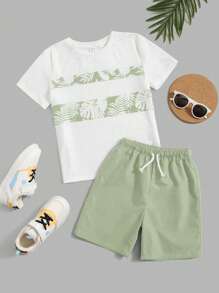 SHEIN Leap Crew Tween Boy Graphic Print Patchwork T-Shirt And Solid Shorts - Mint Green - View 1