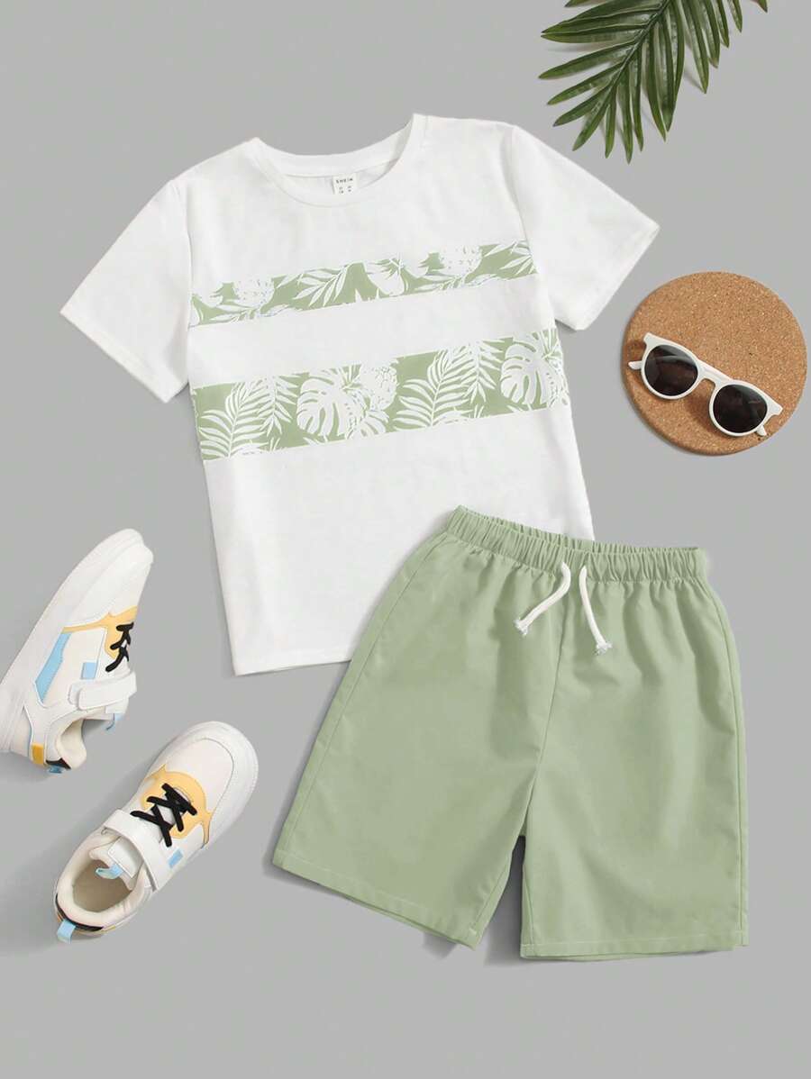 SHEIN Leap Crew Tween Boy Graphic Print Patchwork T-Shirt And Solid Shorts - Mint Green - View 1