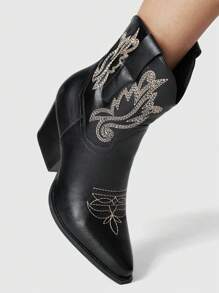 ROMWE Fairycore 女士尖头粗跟对称刺绣西部靴、牛仔靴、新款秋冬皮革一脚蹬踝靴和短靴、女牛仔靴