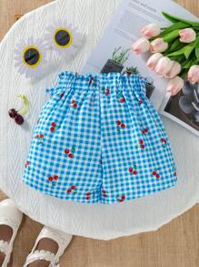 女童蓝白樱桃格子编织短裤，带荷叶边腰部、蝴蝶结装饰和不对称下摆 - 藍色 - 查看 2
