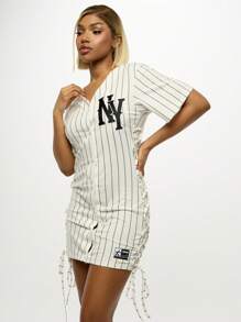 SUMWON WOMEN Vestido camiseta mini con estilo de béisbol, con detalle de cordones laterales, de rayas, deportivo y casual, con mangas cortas, de botones, para primavera y verano, prenda deportiva y de moda