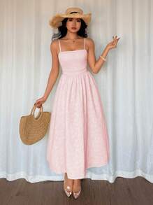 Breezaya 法式优雅裹身式荷叶边下摆连衣裙，纹理提花面料，无袖，中长款，纯色，夏季新款女装 - 粉色 - 查看 6