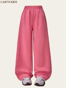 SHEIN Explorewe 1 pieza Pantalones largos casuales y cómodos de tela texturizada blanca de alta calidad para niñas preadolescentes, nueva llegada de verano - Rosa coral - Ver 5