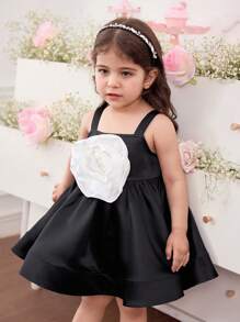 Đầm dự tiệc mùa hè họa tiết hoa 3D bằng vải satin đen dễ thương cho bé gái - Đen và trắng - Xem 1