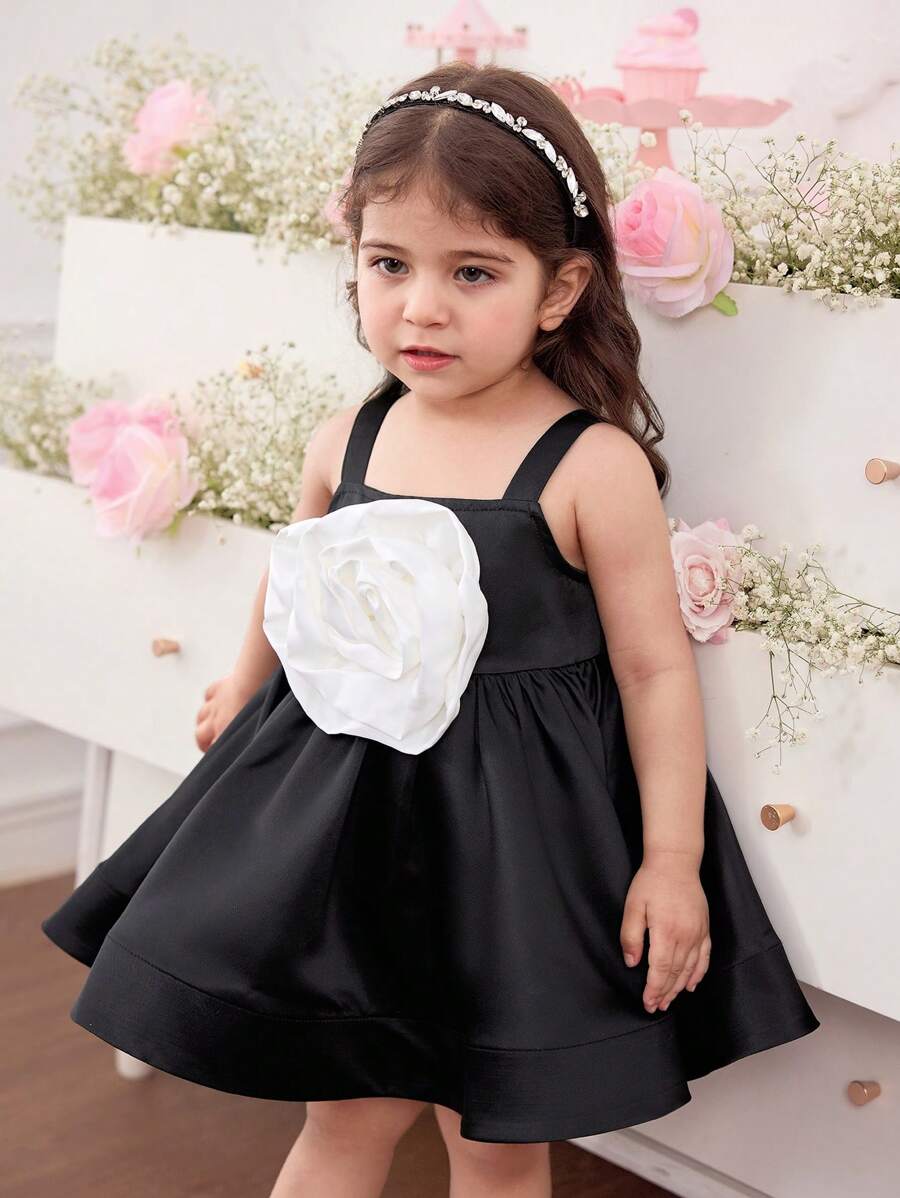 Đầm dự tiệc mùa hè họa tiết hoa 3D bằng vải satin đen dễ thương cho bé gái - Đen và trắng - Xem 1