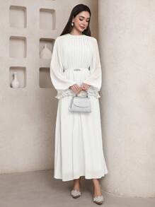 Veilorie Women Elegant Solid Color Waist Wrap Long Sleeve Abaya Dress - Beige - View 3