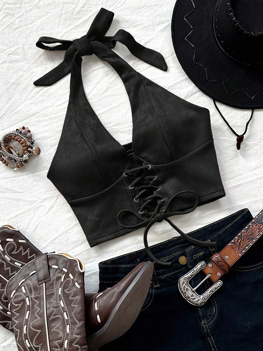 Soleia WYWH 大码女式休闲风格黑色绒面面料嬉皮前系带设计露背上衣，音乐节风格 - 黑色 - 查看 1