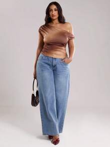 SHEIN BAE 加大码女式优雅简约扎染图案宽松不对称褶皱不对称领口短上衣，适合夏季、女士度假装、母亲节、母亲节礼物、妈妈、长春、复活节及毕业典礼、节日之夜、夏季、优雅、音乐会女士、女士夏季、夏季上衣 - 卡其色 - 查看 3