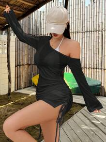 DAZY 女士性感纯色褶皱系带无肩带沙滩罩衫泳衣长袖上衣度假 - 黑色 - 查看 5