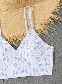 青少年女孩贝壳印花 3 件套比基尼套装（带裙子），时尚休闲优雅，适合游泳、度假、夏季