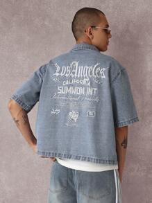 SUMWON Designer Oversized Street Style Denim Short Sleeve Shirt Los Angeles California Streetwear Fashion Vintage Urban Premium Casual Top International Collection Festival Summer Modern - Blue - View 1