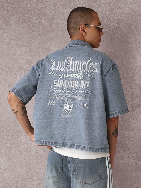 SUMWON Camisa de manga corta de estilo callejero de mezclilla de diseñador, colección internacional de moda casual premium urbana vintage de Los Ángeles, California, estilo streetwear moderno para festivales de verano