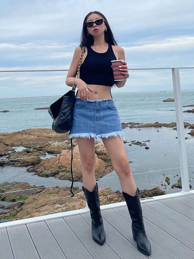 Women's Frayed Hem Low Waist Mini Denim Skirt, Spring Summer Autumn Jeans Skirt