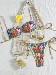 SHEIN Swim طقم بكيني نسائي سيكسي متعدد الألوان بتصميم هندسي مزخرف مع حمالات جانبية مخططة وحزام سفلي مثلث مزدوج الربط