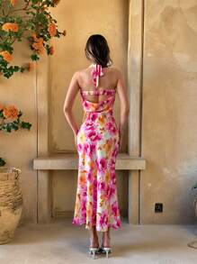 Firerie 新款优雅露背印花连衣裙，适合海滩度假装女士波西米亚风女装系带花卉度假装