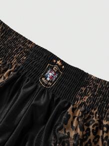 ROMWE MEN Street Life Summer Men 2pcs Set Street American Basketball Jersey Style Leopard Patchwork English Letter Graphic Print V-Neck Tee + Boxer Shorts