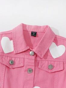 YOUNG GIRL Y2K URBAN STREET CUTE HEART PRINTINGS DENIM JACKET & FULLY ELASTIC WAIST CARGO SKIRT WITH FLAT POCKETS Two Pieces SET OUTFIT - Pink - View 4