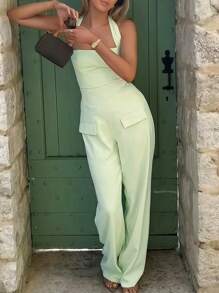 INAWLY Women's Summer Jumpsuit With Fold Detail Neck-Tie, 2025 - Mint Green - View 1
