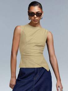 Athîral Top de verano de mujer minimalista de unicolor con fruncido ajustado - Caqui - Ver 5