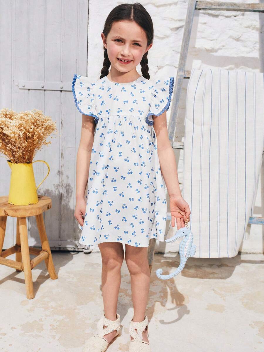 SHEIN Young Girls Sweet Heart Cutout Back Cherry Bow Print Dress - Multicolor - View 1