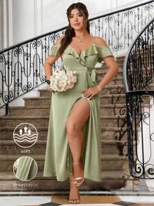 Cravure Frühlings- und Sommer-Maxikleid in Große Größen, elegant mit Off-Shoulder gewickelter, gebundener Optik für Hochzeiten - Minzgrün - Übersicht 7