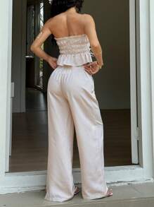 SHEIN Unity 2pcs Women Striped Frill Tie Front Bustier Top And Pants Set, Casual - Apricot - View 2