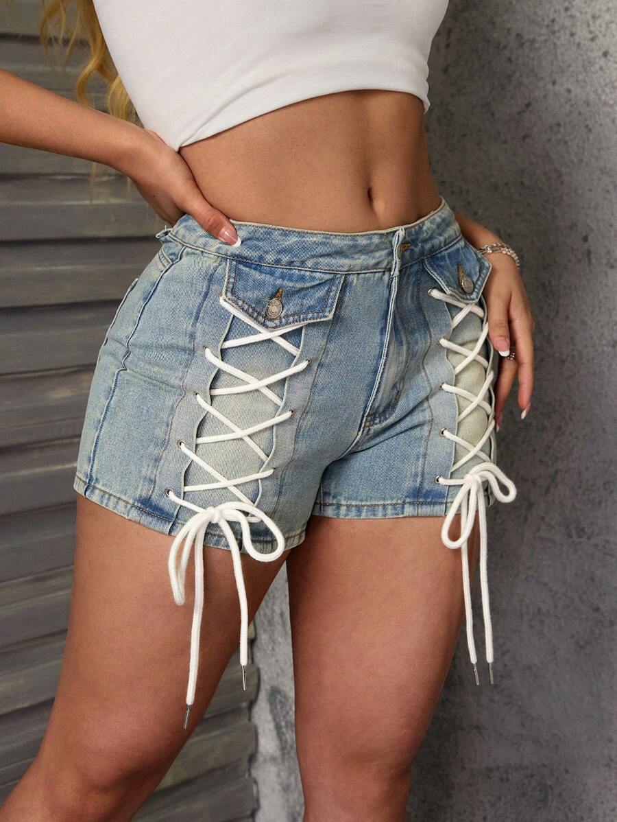 SHEIN SXY Retro Vintage Low-Waist Denim Shorts For Women, Summer New Arrival Niche Design With Drawstring, Fashion Versatile Casual Straight Leg Jeans - Blue - View 1