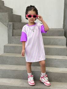 SHEIN Leap Crew 带有可爱动物和条纹图案的年轻女孩针织宽松休闲连衣裙 - 淡紫色 - 查看 2
