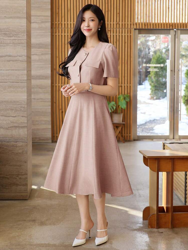 2pcs Elegant Solid Color Round Neck Blouse & Skirt Set For Women, Spring/Summer,Back To School Clothes