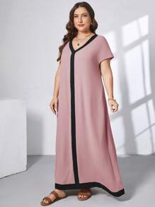 SHEIN Essnce 大码女式撞色领 V 领蝙蝠袖短袖口袋宽松休闲连衣裙 - 藕粉色 - 查看 5