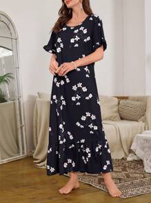 Serenescape Bubble Ruffled Edge Floral Print Long Nightgown Babydoll Luxeloungewear, Moo Moo - Black - View 3