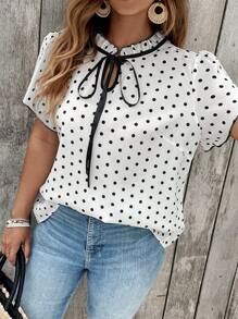 SHEIN Clasi Plus Size Polka Dot Short Sleeve Blouse, Fashionable For Summer, Business Casual Woman Spring, Summer For Women - Black and White - View 4
