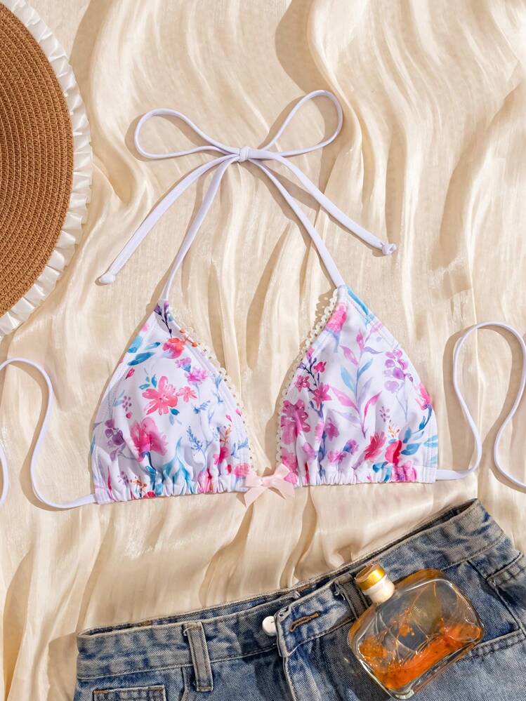 Swim Mod Women Floral Print Bowknot Halter Ruffle Bikini Top, Sweet Beach Style For Summer Beach Vacation - Multicolor - View 5