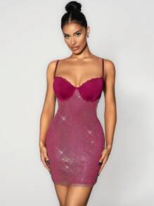 Sirith Vestido camisola slim fit para mujer con encaje de contraste y decoración de strass