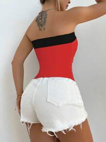 VaVaBold Contrasting Color Asymmetrical Hem Bodycon Sexy Crop Top - Red and Black - View 2