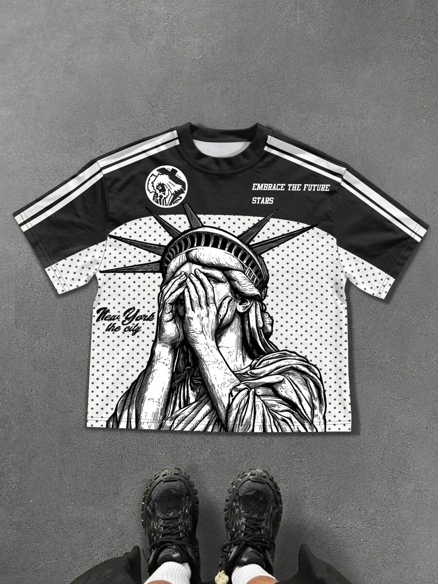 PAVTROS Manfinity Streetrush Manfinity Streetrush Men's Summer Slogan Striped Round Neck Short Sleeve Casual T-Shirt,Hip-Hop Street,Boy Friend Gifts,Streetwear Men,Graphic Tees Men - Multicolor - View 1