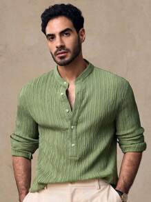 Manfinity VCAY 男士休闲褶皱面料修身立领长袖衬衫，适合日常穿着 - 綠色 - 查看 4