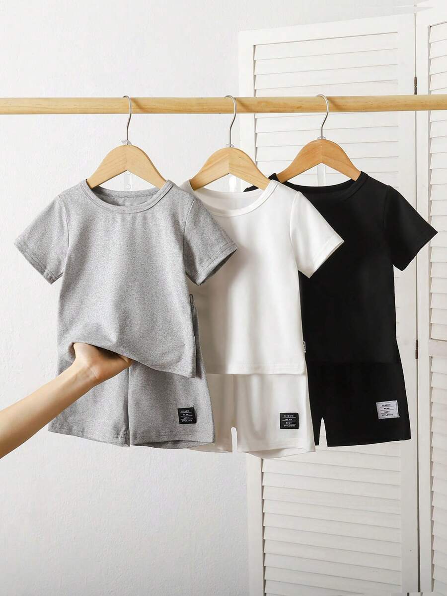 SHEIN Playful Pals 男婴短袖 T 恤和短裤套装 6 件套，黑/白/绿，百搭百搭男婴女婴服装，夏季超值 - 彩色 - 查看 1