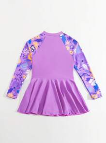 Tween Girl Floral Print Half Zip One-Piece Swimsuit - Violet Purple - View 2