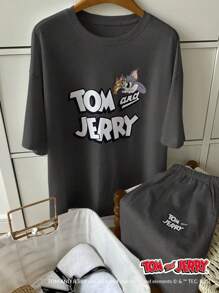 DAZY TOM AND JERRY X DAZY Casual Loose Letter Print Short Sleeve Top And Shorts Pajama Set