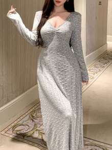 DAZY Long Ditsy Floral V-Neck Drawstring Waist Design Nightgown, Pajama, For Fall, Winter - Grey - View 5