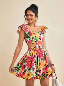 TIYA Vestido mini con escote y cintura cortados y bajo con volantes de estampado tropical para primavera y verano - Multicolor - Ver 5