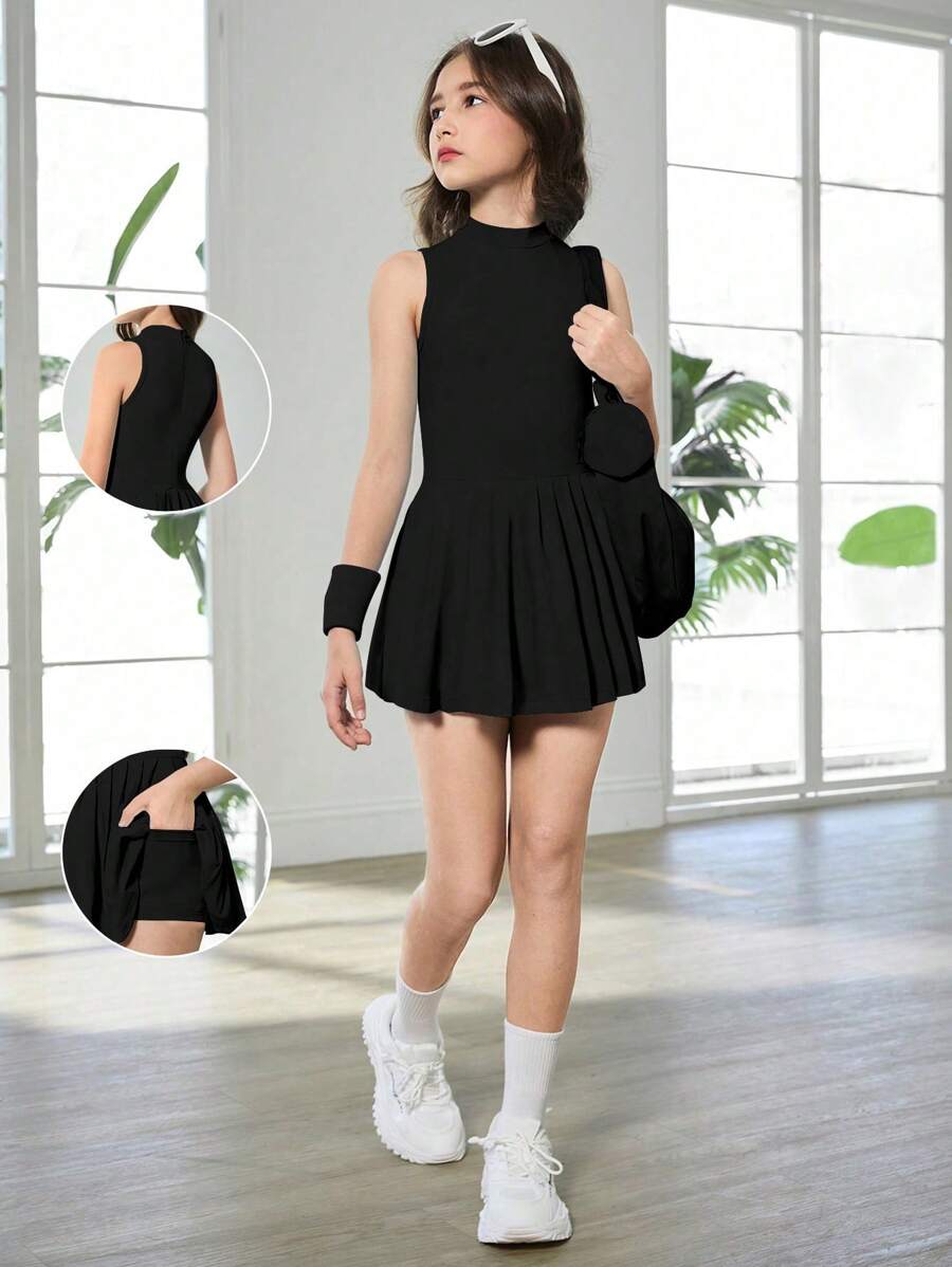 Tween 女童户外连体衣,带防闪烁底层,隐形拉链,适合跑步、健身、篮球、足球、网球、羽毛球,时尚 - 黑色 - 查看 1