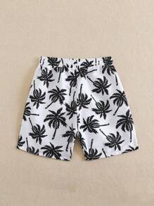 Tween Boys' Coconut Tree Print Woven Fabric Swimming Trunks - Black and White - View 2