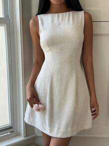 SHEIN EZwear 女式夏季休闲杏色编织露背无袖连衣裙 - 杏色 - 查看 3