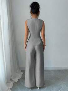 Selianne 女士优雅法式花卉纽扣式度假休闲工作套装 - 淺灰色 - 查看 2