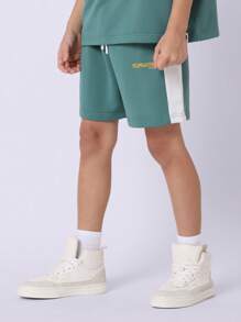 SUMWON Studios Youth Sportswear Co-Ord Set Half Zip Polo Top Matching Shorts Athletic Wear Training Summer Spring Collection Streetwear Two-Piece Outfit - Green - View 4