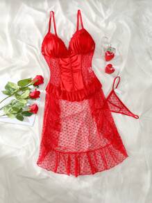 PetitDoll Bộ 2 đồ lót ngày lễ tình nhân cỡ lớn, có miếng vá ren lưới dễ thương ngọt ngào, vải satin bóng, viền xếp nếp - Đỏ - Xem 6