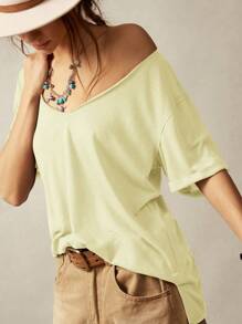 Bohemela 女士休闲纯色 V 领短袖宽松 T 恤