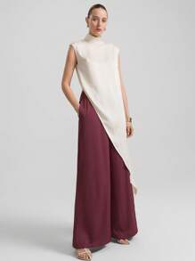 Ontre 女式阔腿裤，都市时尚风格，酒红色，斜纹面料，松紧腰带，女式长裤，抽绳腰部设计，修身腰部设计，日常穿着，女式裤子，春夏